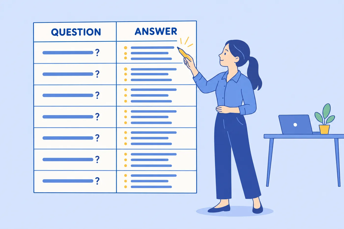 A job seeker fills out a giant question-and-answer prep table to practice for difficult interview questions.