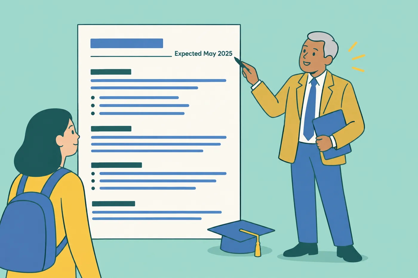 A career counselor points to an expected graduation date on a giant resume, for an article on listing an in-progress degree.