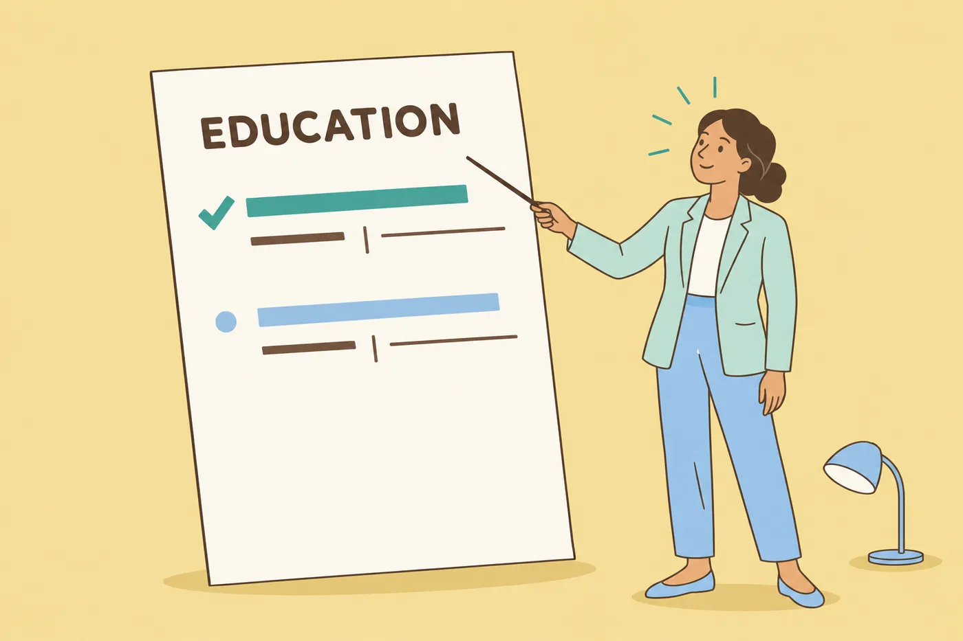 A woman points to the Education section on a giant resume template, illustrating how to list a degree correctly.