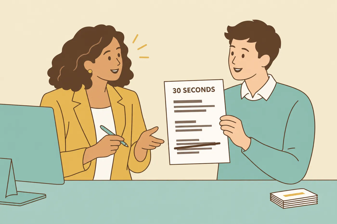 A career advisor and a job seeker review an elevator pitch script across a desk, with one section crossed out to keep it under 30 seconds.