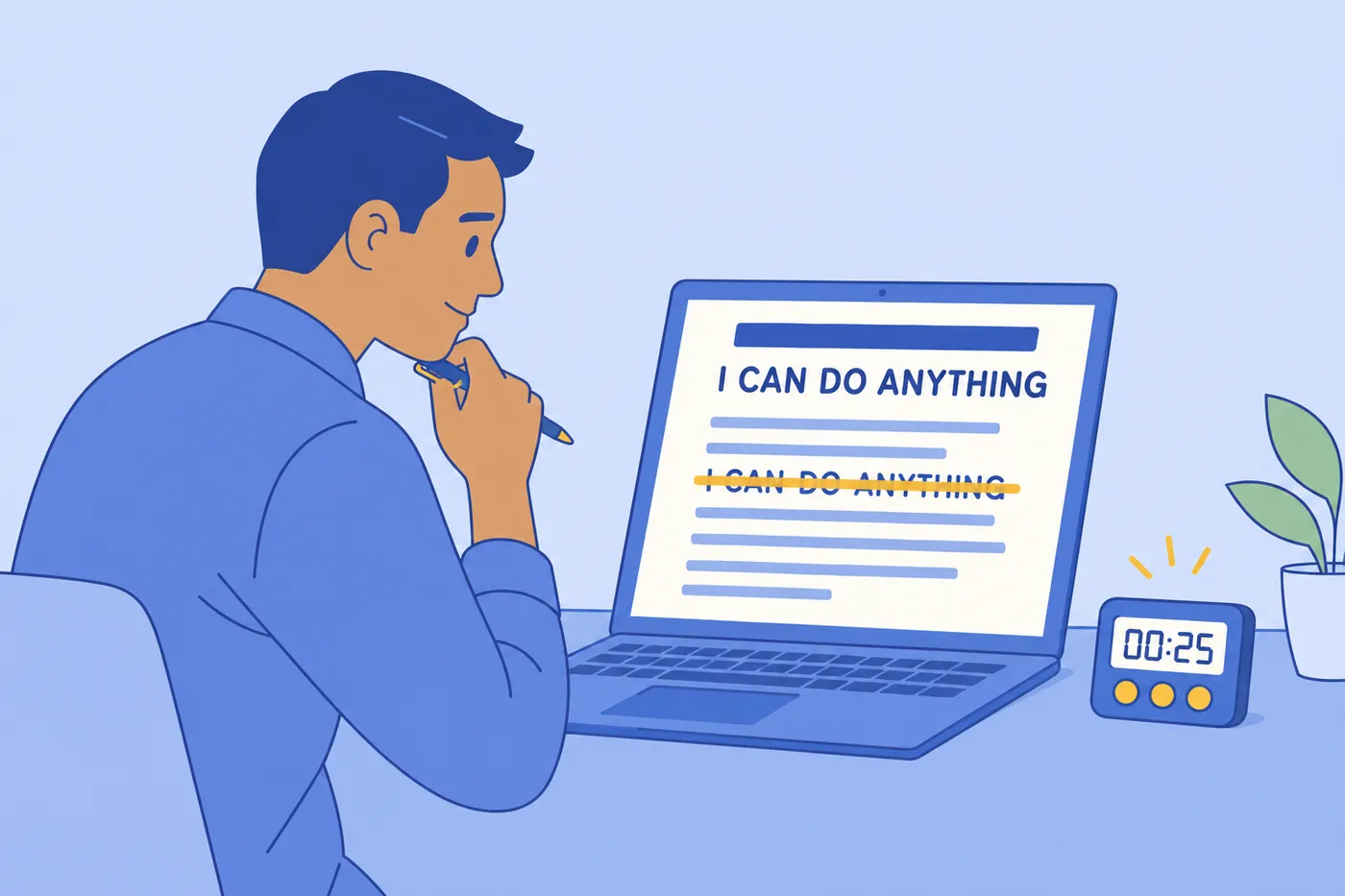 A job seeker edits his elevator pitch on a laptop, crossing out a vague phrase to make his career goal more specific.