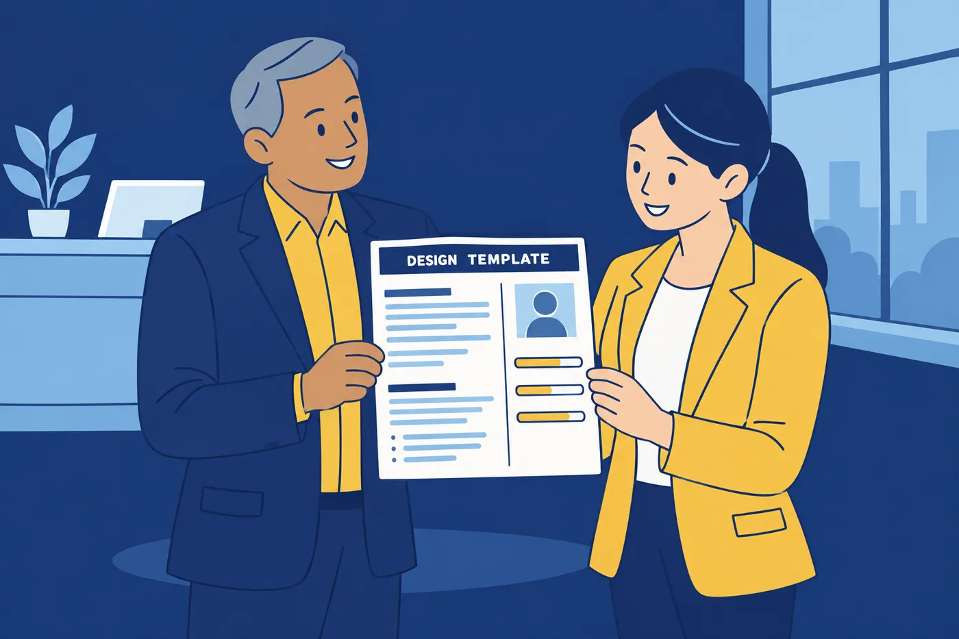 A candidate hands a highly styled multi-column resume to a manager, showcasing a heavy design template.