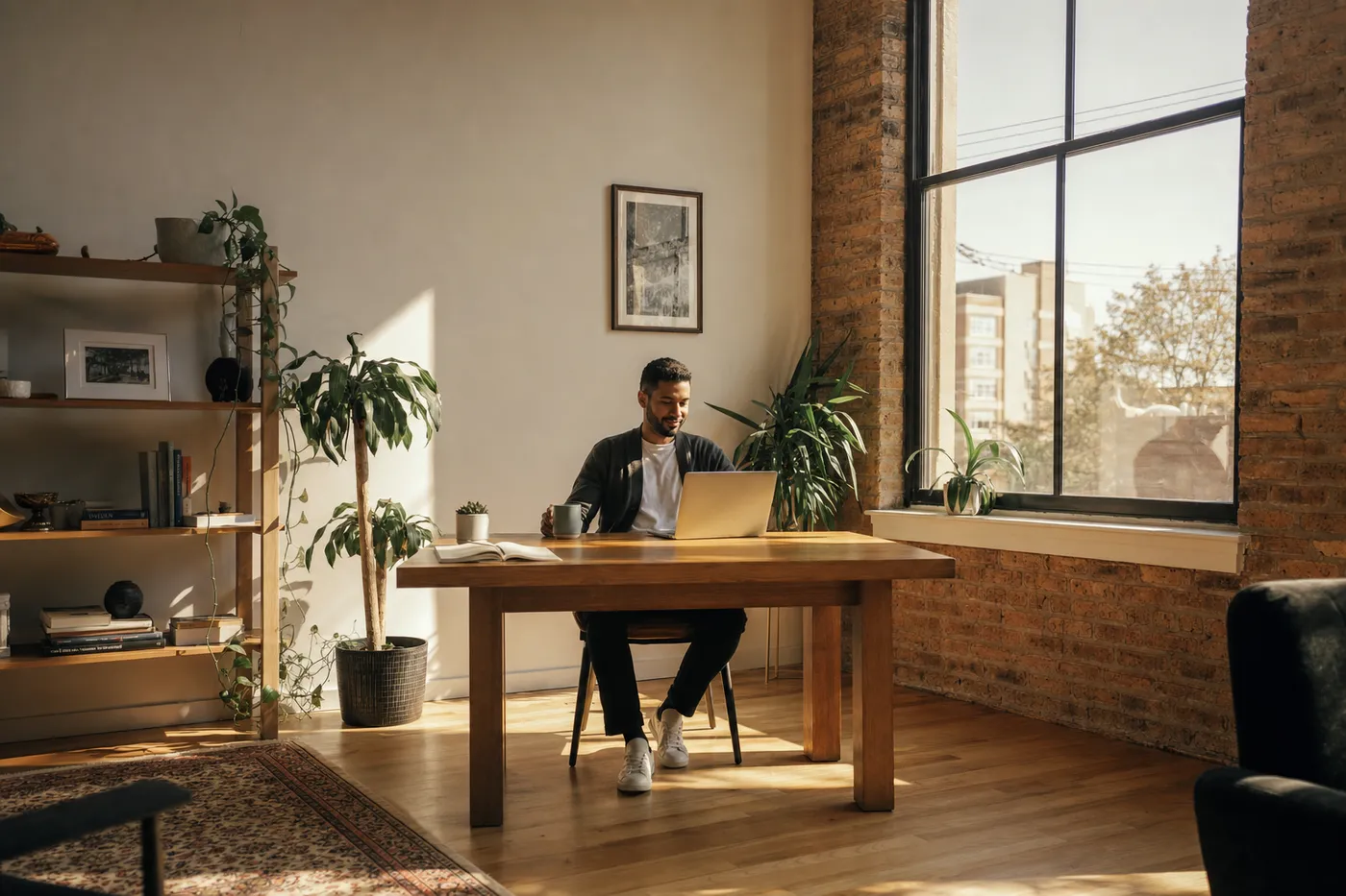 A professional smiles with relief at their laptop screen in a bright, minimalist home office.