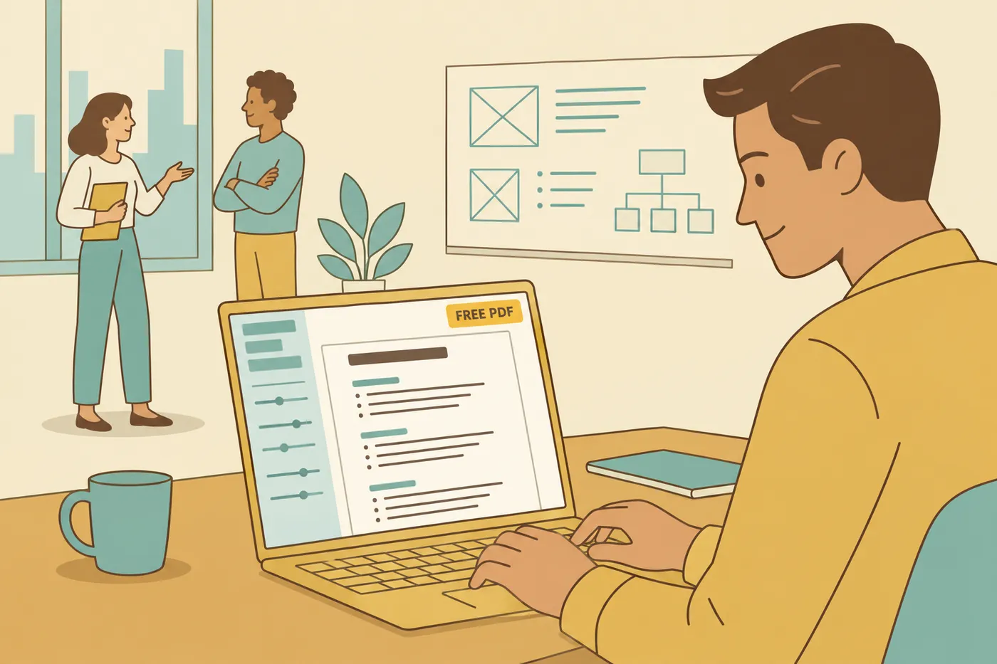A job seeker edits his resume using a layout tool with a Free PDF download option in a modern office.