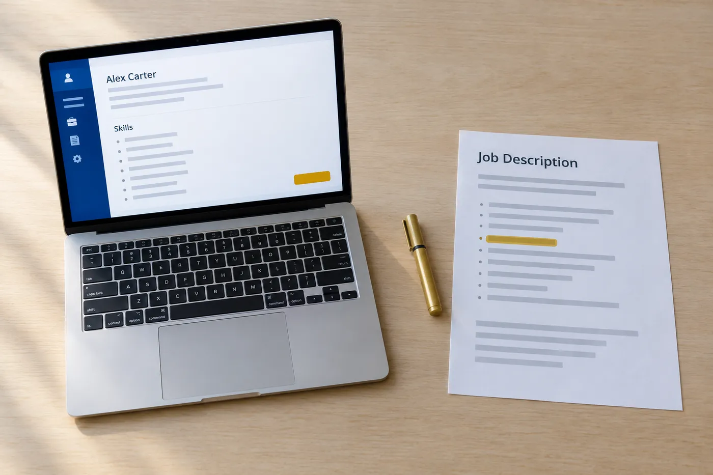 A resume editor on a laptop next to a highlighted job description, illustrating how to add keywords to a template.