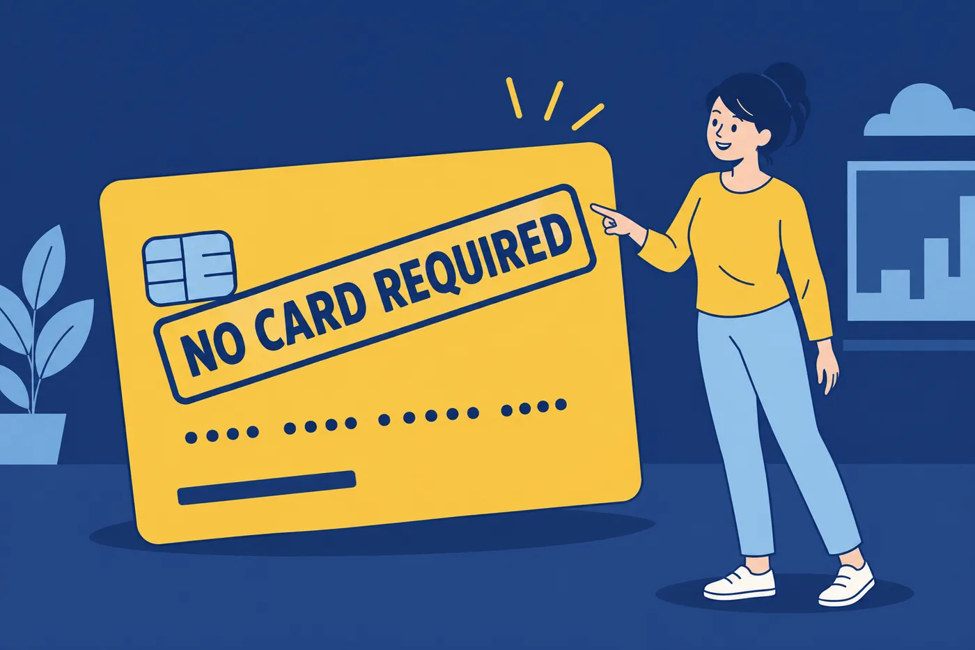 A woman points happily to a giant credit card stamped with 'NO CARD REQUIRED' for an article on free resume exports.