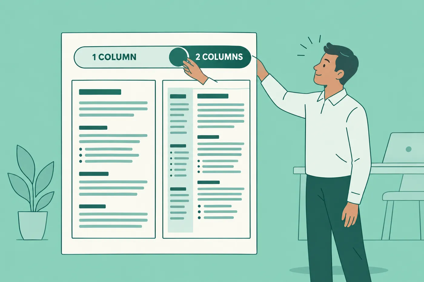 A man adjusts a layout toggle on a giant resume template, showing how to customize a template in the editor.