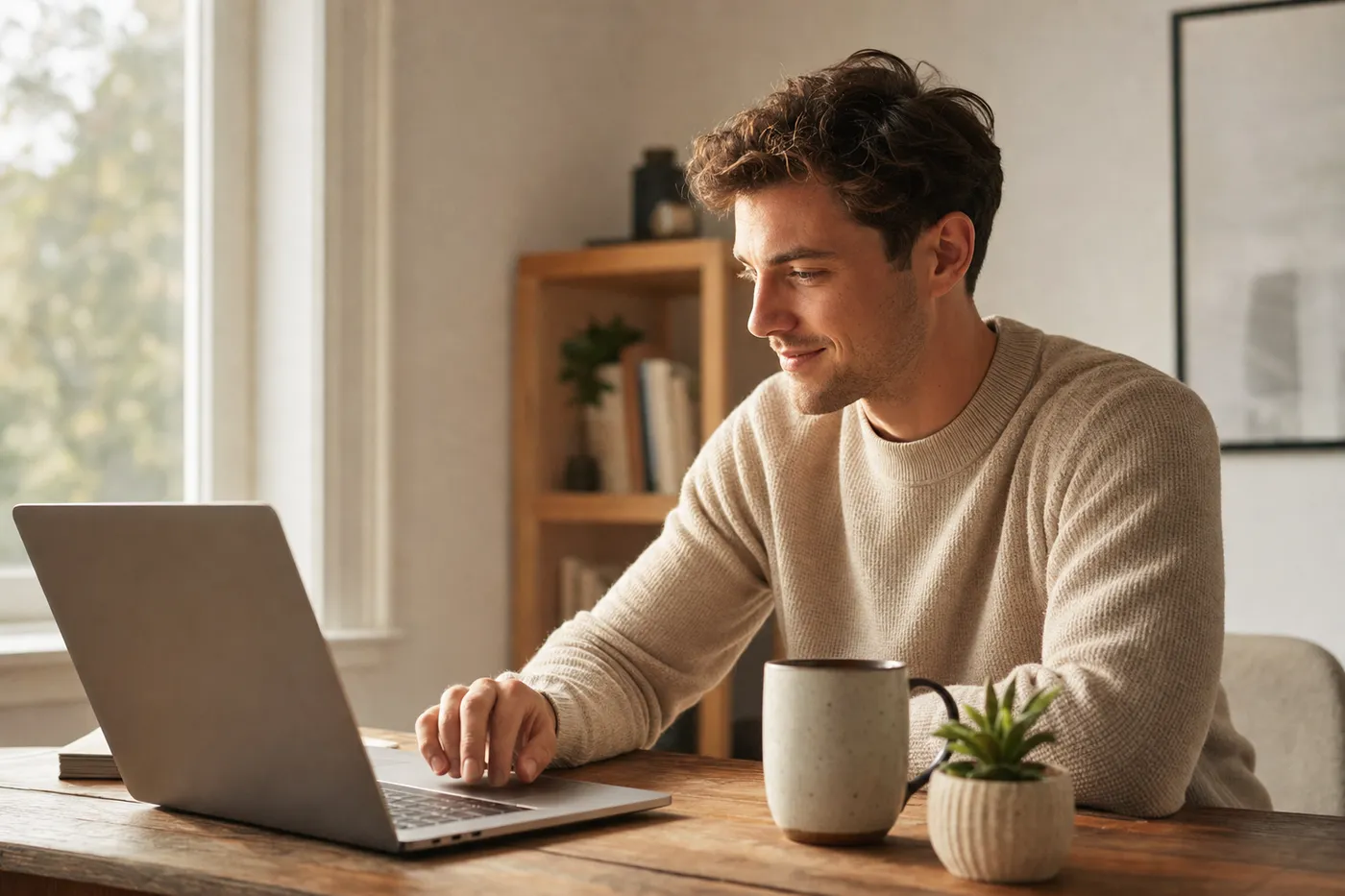 A professional smiling while editing a resume template on a laptop in a sunlit home office.