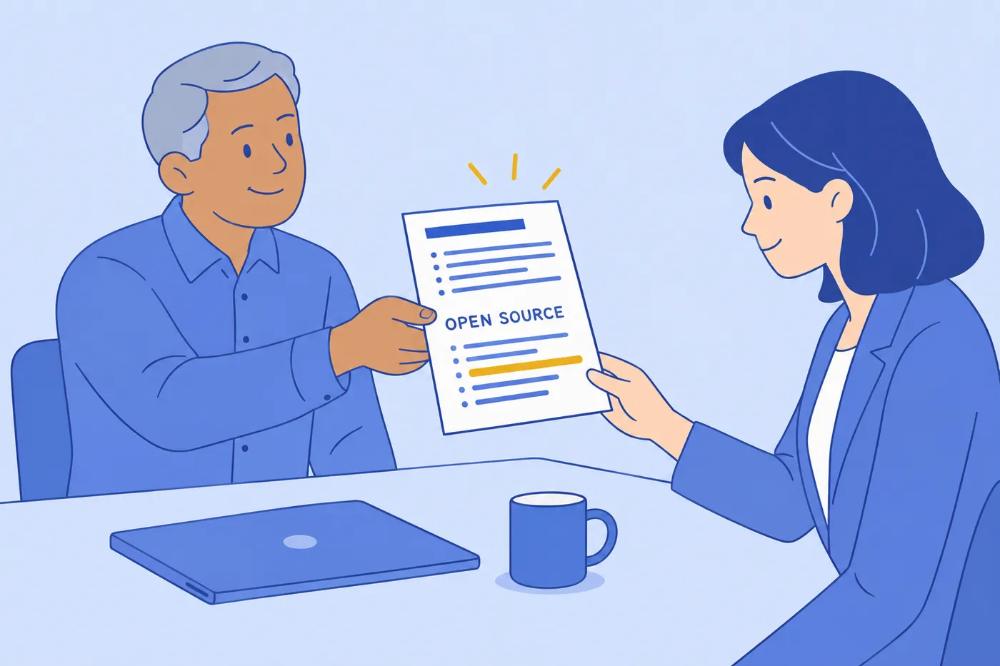 A candidate hands a resume with a highlighted open source section to an engineering manager across a desk.