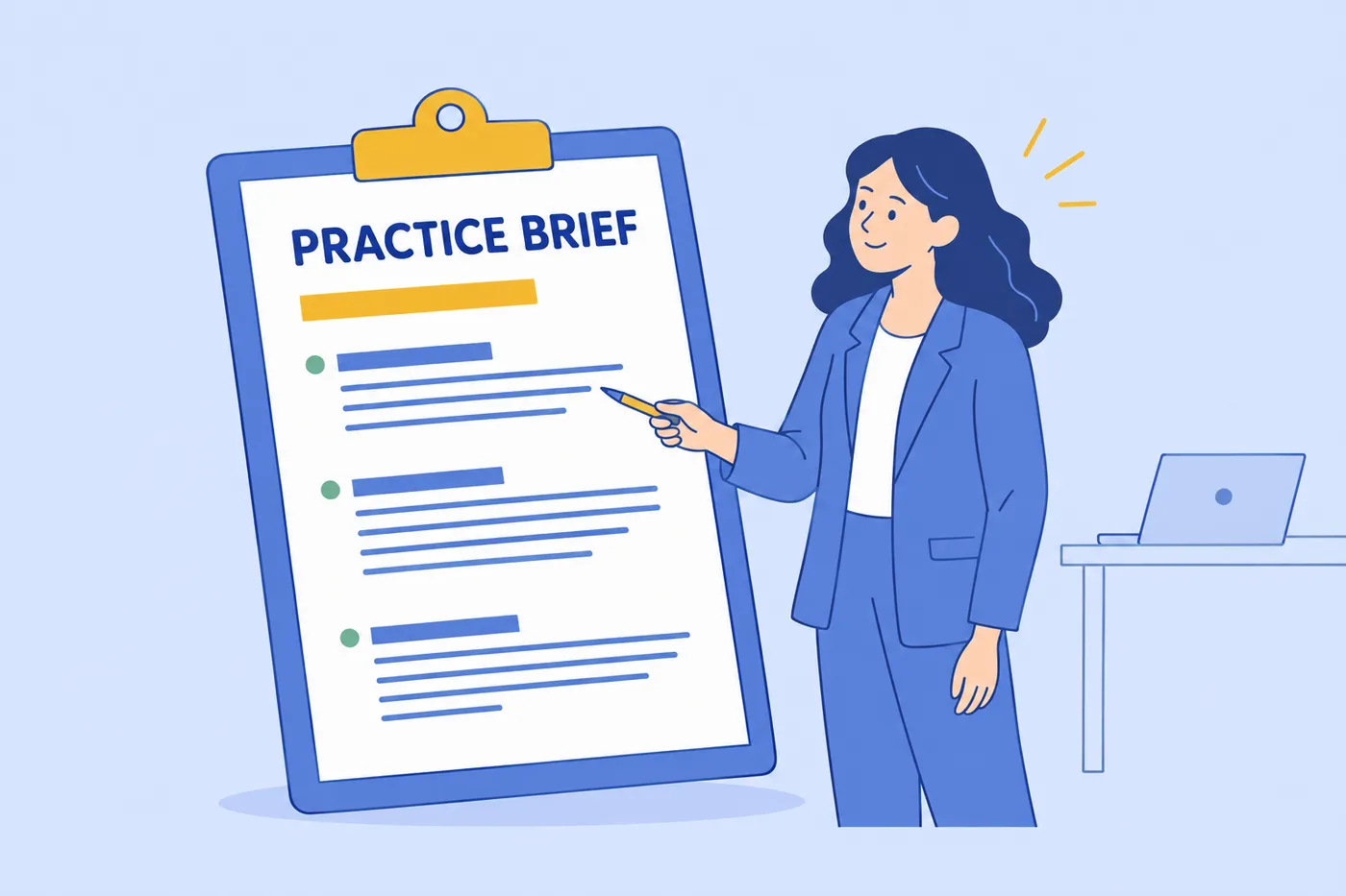 A woman points to a giant practice brief document, showing how to prepare for a group interview session.