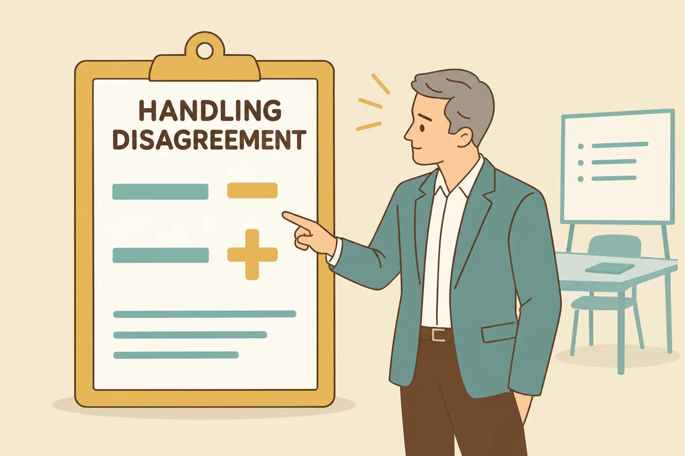 A candidate points to a giant rubric showing how to handle disagreement, for a guide on group interviews.