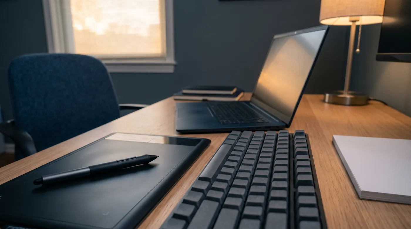 A close-up of a premium mechanical keyboard and design stylus on a dark desk, representing technical and creative skills.