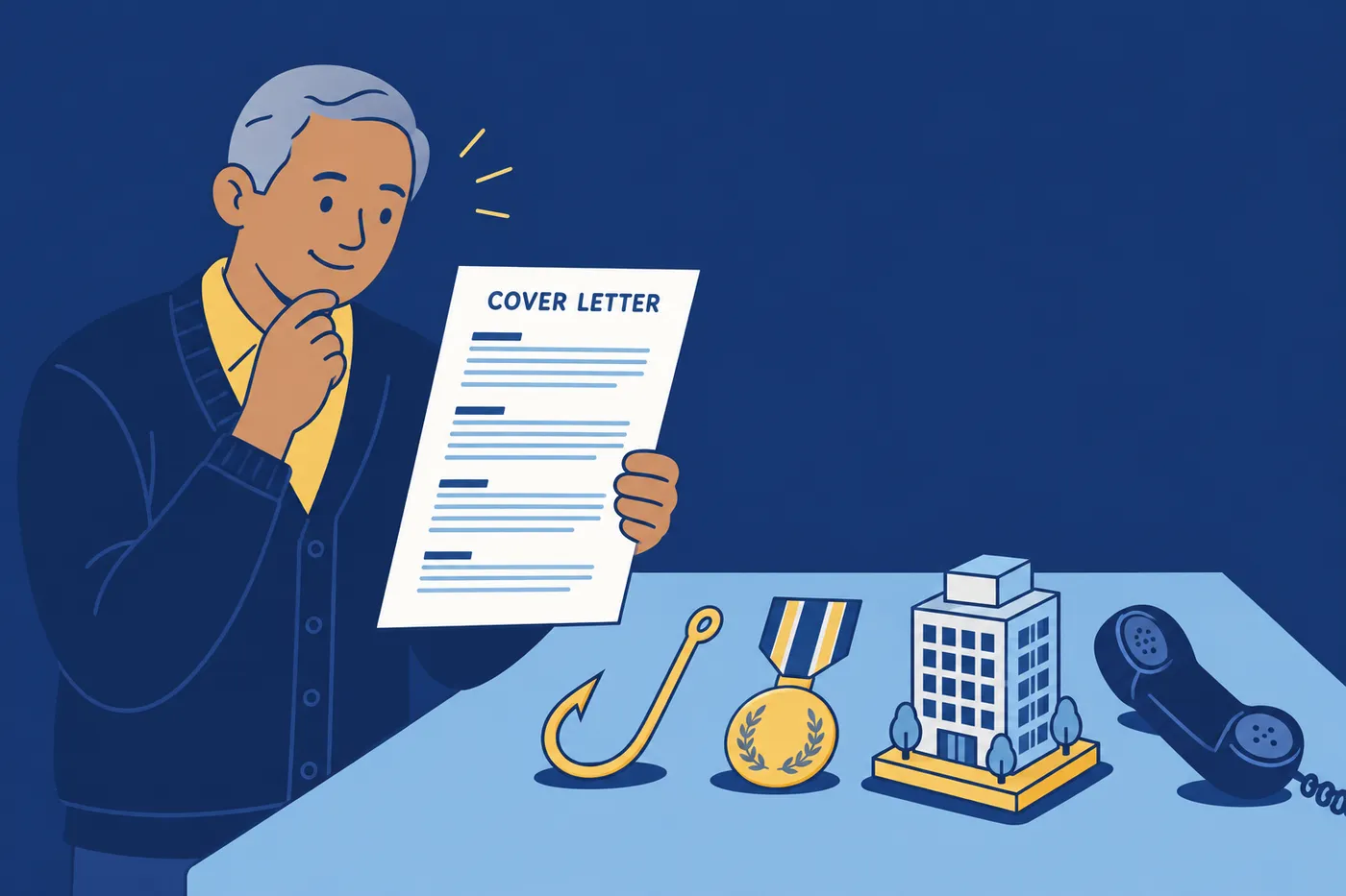 A man in his sixties holds a four-paragraph cover letter next to physical objects representing each section's purpose.