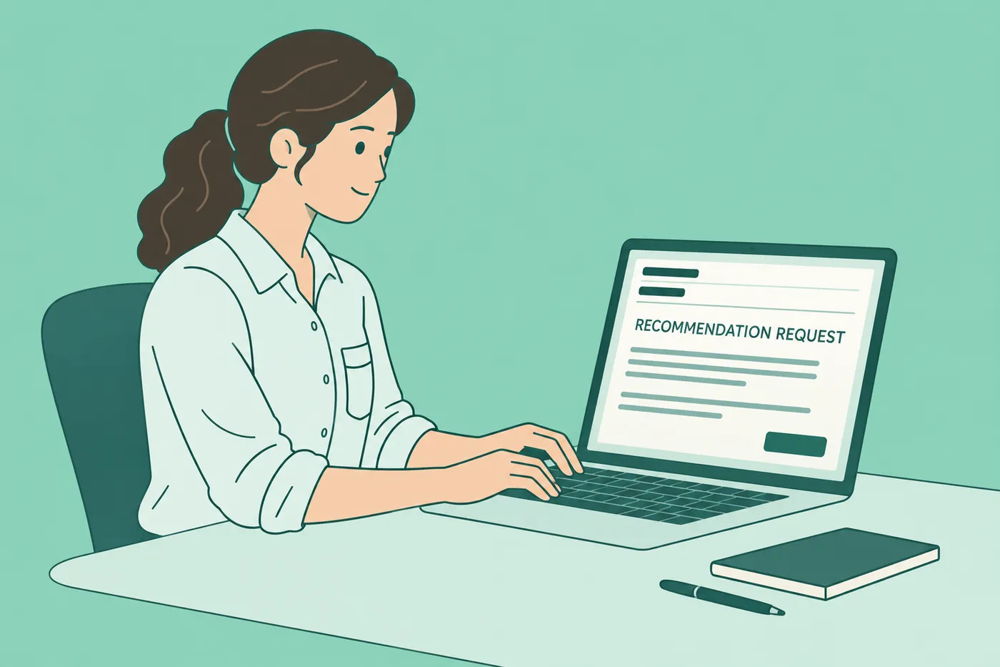 A woman drafts a recommendation request email on her laptop, for a guide on asking recommenders.
