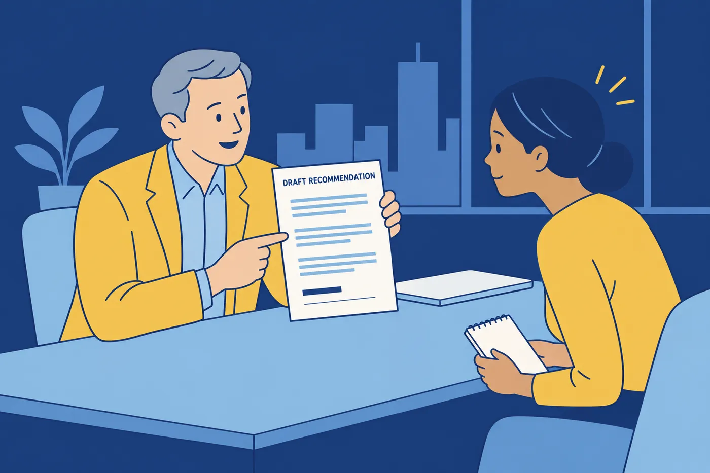 A manager discusses a recommendation letter draft with an employee across an office desk.