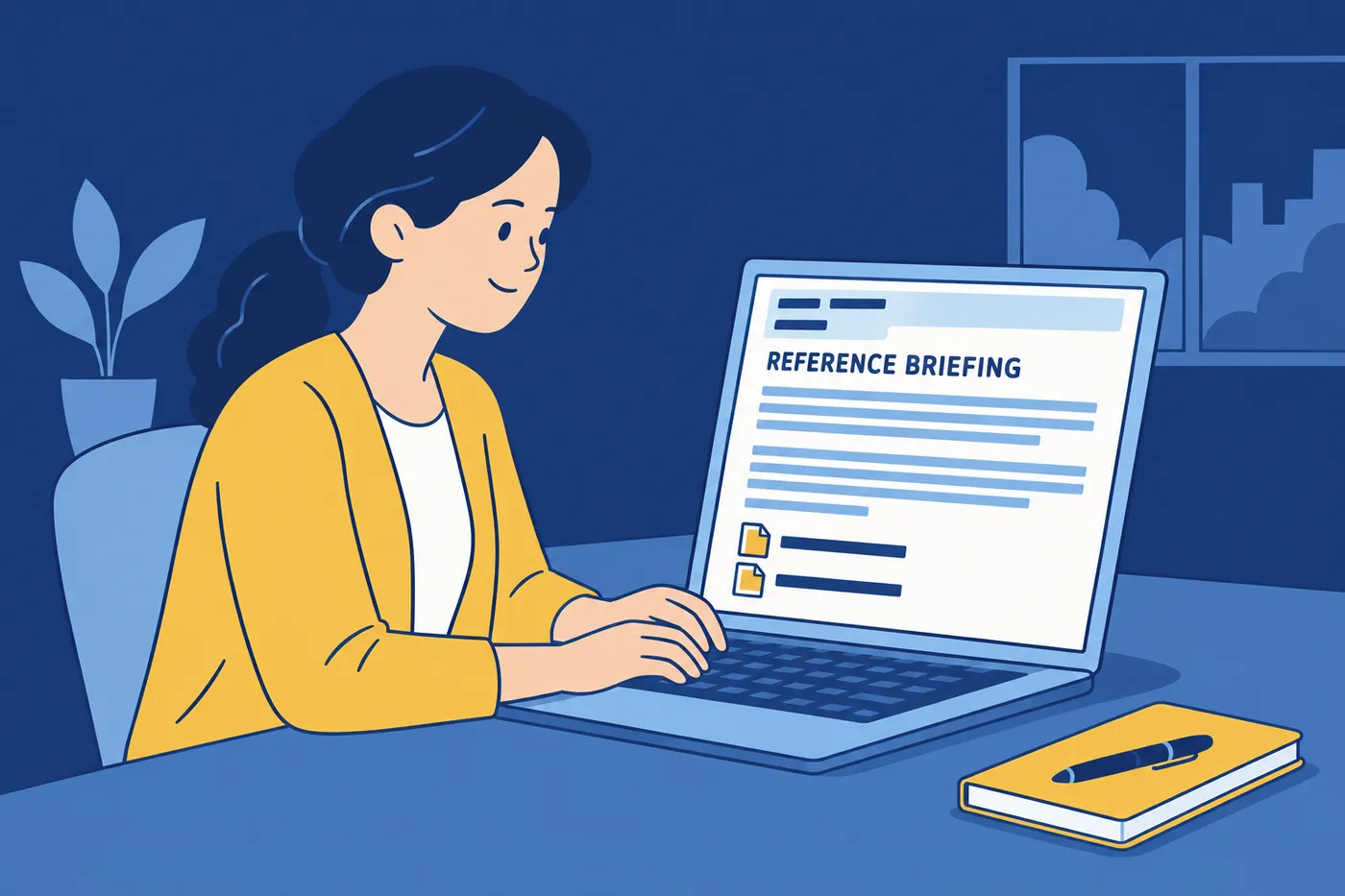 A job seeker drafts a reference briefing email on her laptop with resume and job description attachments.