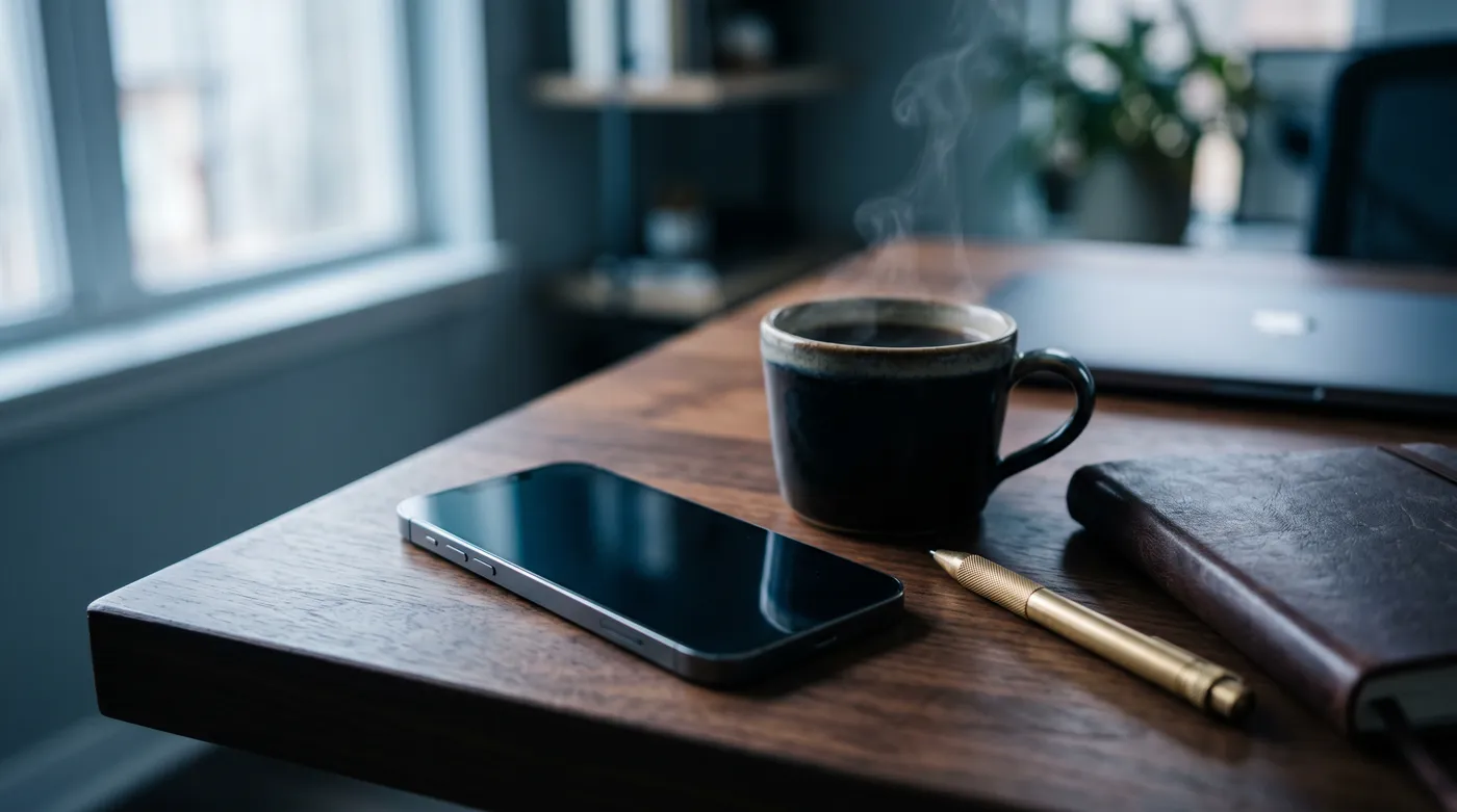 A smartphone resting on a wooden desk next to a coffee mug, capturing the readiness of a fast job application.
