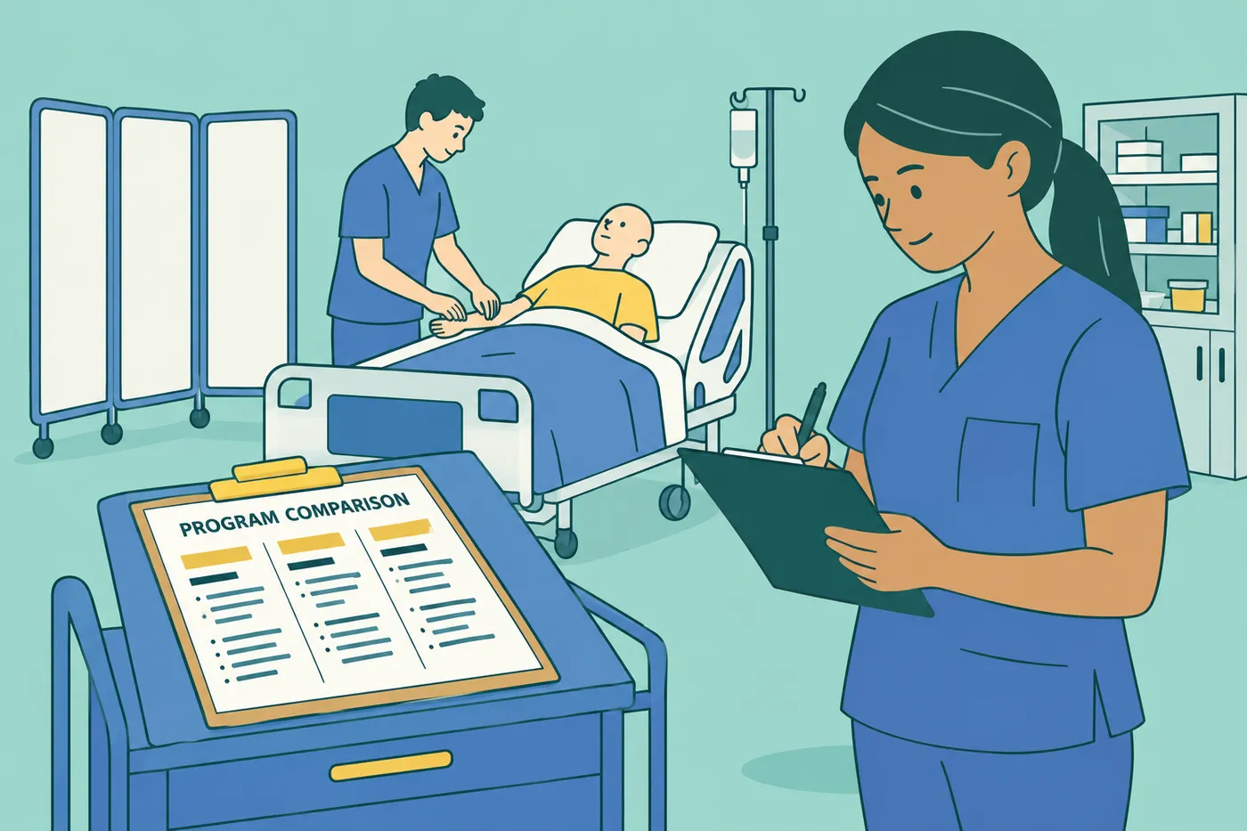 A prospective nursing assistant compares training programs on a clipboard in a clinical lab.