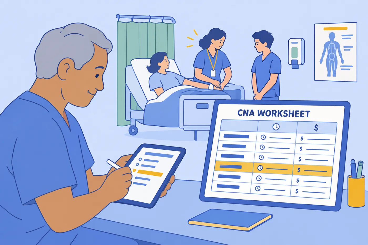 A man in scrubs plans his training budget on a CNA worksheet tablet, for an article on certified nursing assistant programs.