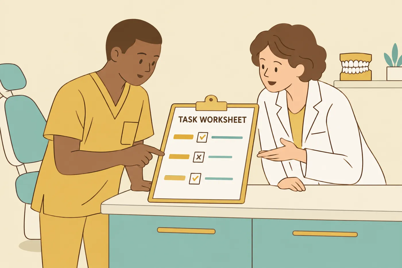 A young dental assistant trainee reviews a task permission worksheet on a clipboard with an experienced dentist.