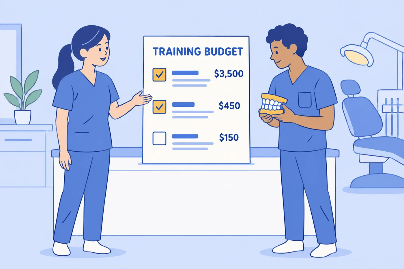 A dental assistant and her colleague review a training budget checklist with costs for tuition and exams.