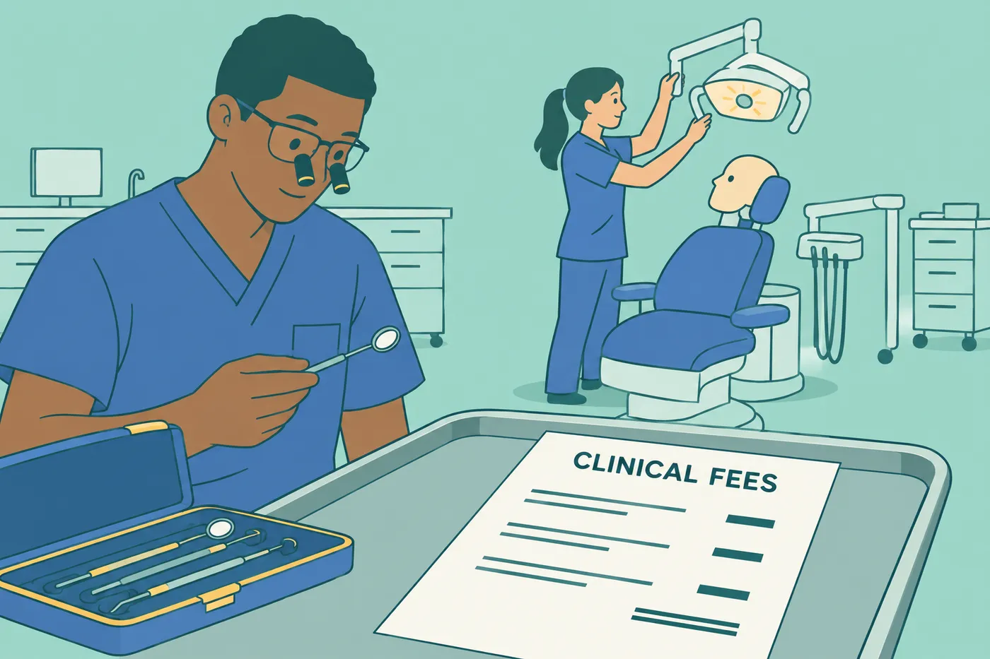 A dental hygiene student reviews an invoice for clinical fees and equipment in a training clinic.