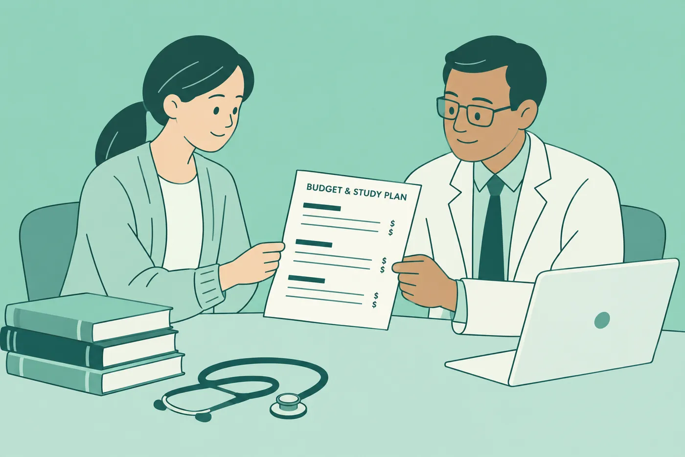 A prospective medical assistant hands her budget and study plan to an academic advisor.