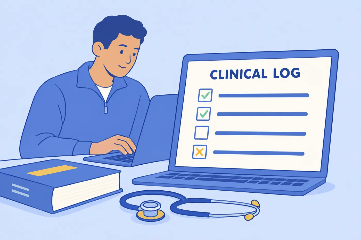 A paramedic student accurately fills out his clinical log on a laptop, leaving unperformed procedures unchecked.