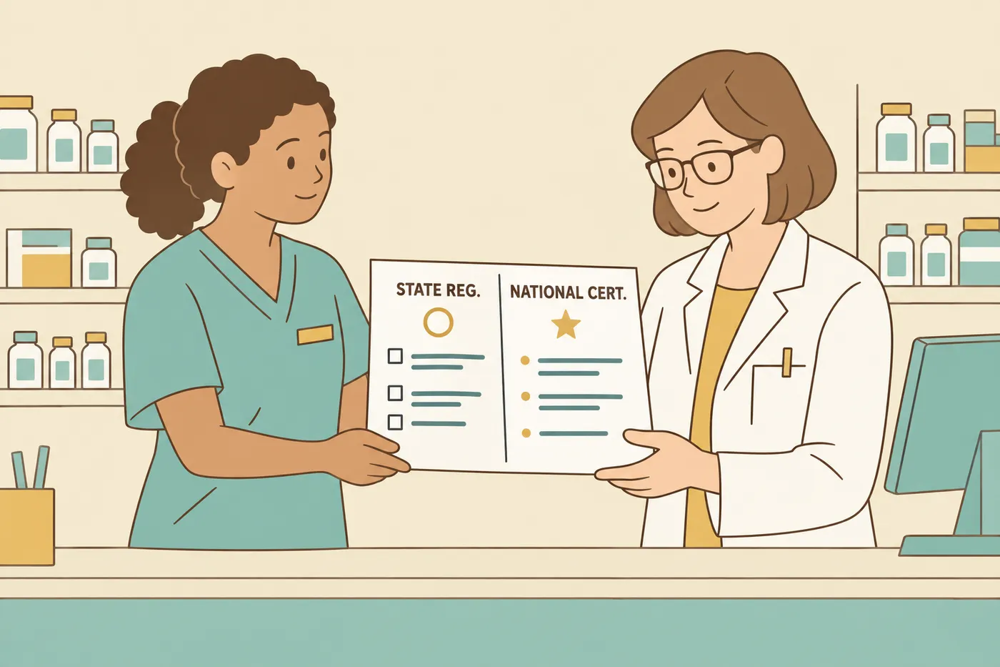 A pharmacy trainee hands a document comparing state registration and national certification to a pharmacist.