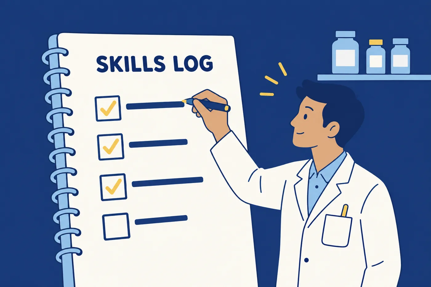 A pharmacy trainee in a lab coat marks a checklist on a giant skills log, for an article on collecting training evidence.