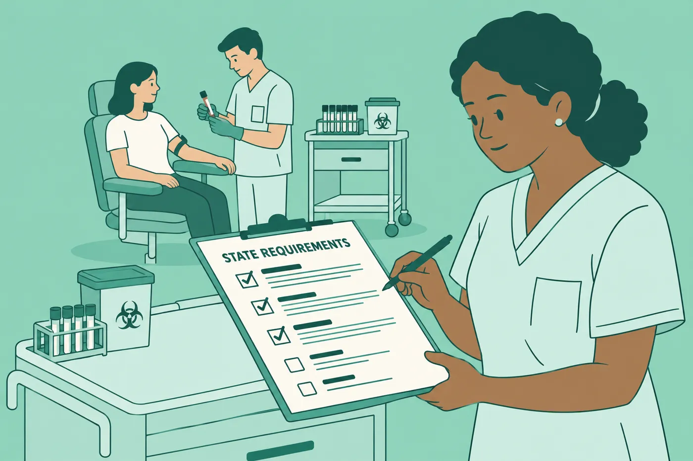 A phlebotomy instructor reviews a state requirements checklist in a lab while a student works in the background.