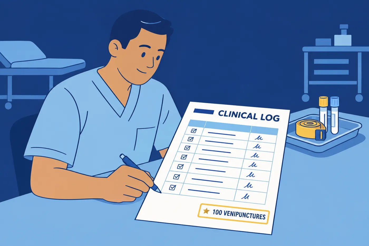 A phlebotomy student in scrubs completes a clinical log sheet showing 100 successful venipunctures.