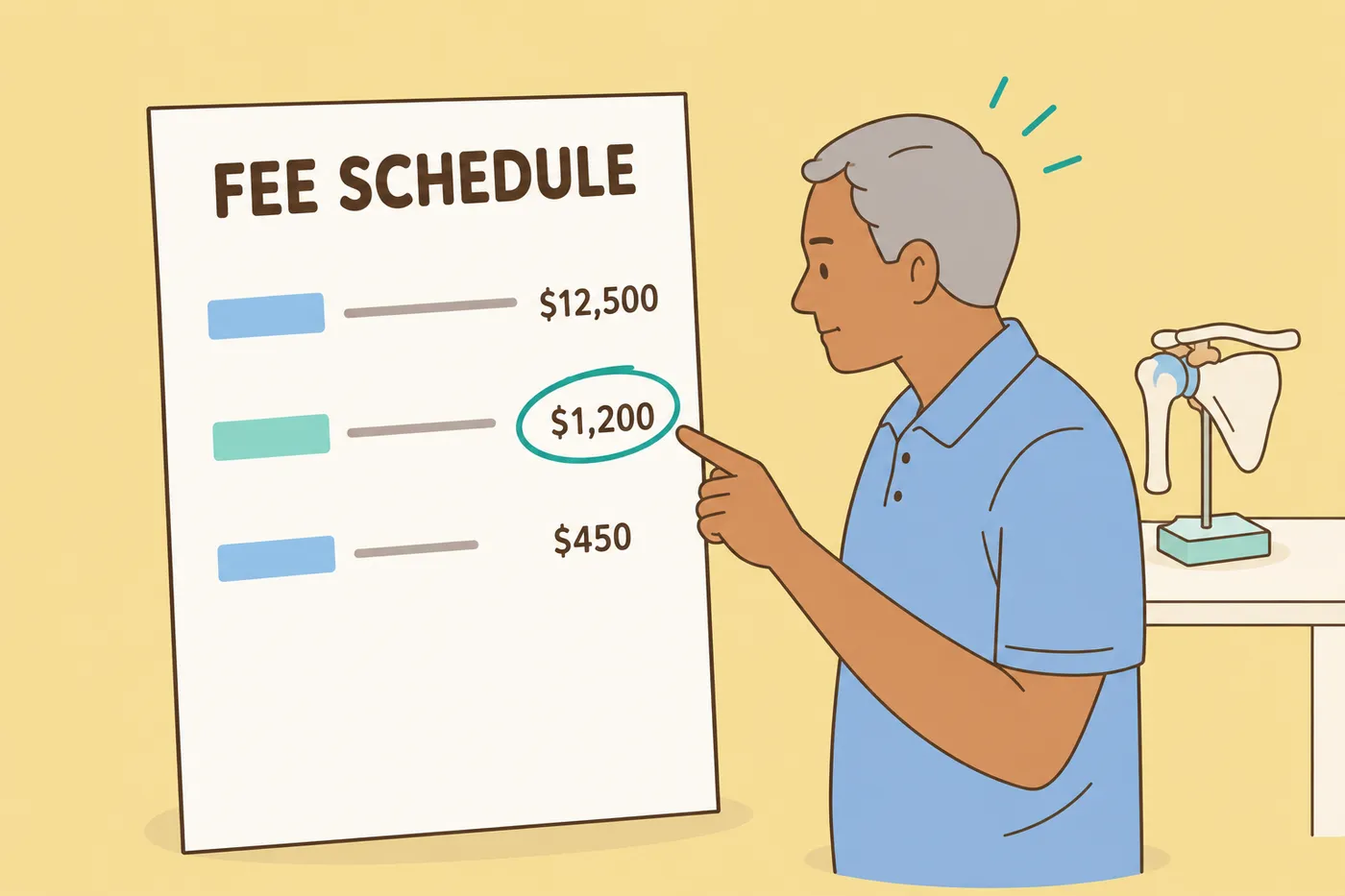 A man in his sixties examines a giant fee schedule breakdown with tuition and lab costs for a radiology tech program.