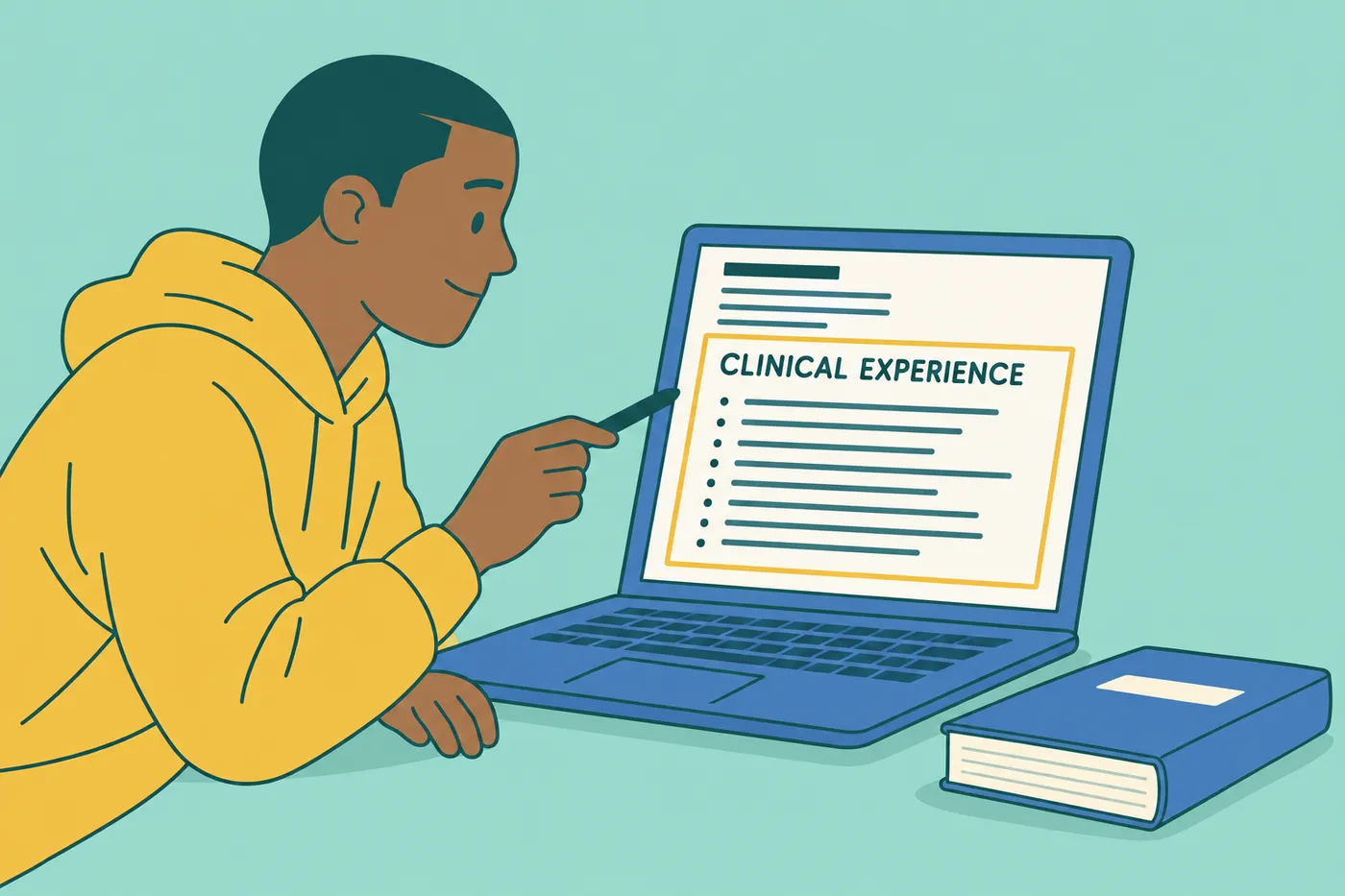 A young man at a desk reviews a surgical tech program on his laptop, focusing on the large clinical experience section.