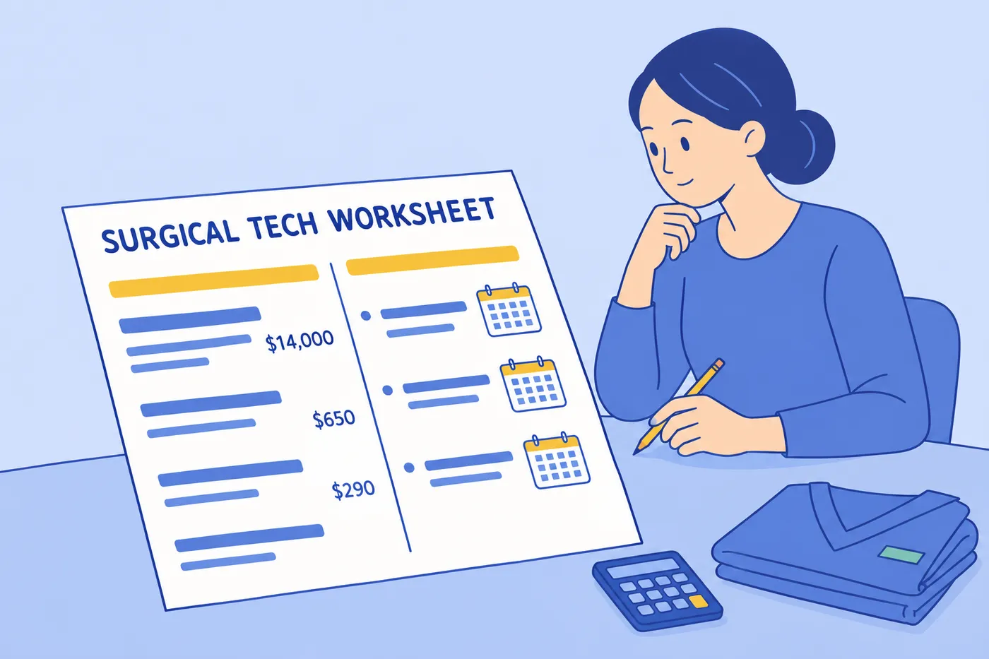 A woman plans her surgical tech training using a cost and schedule worksheet, for a guide on program enrollment.