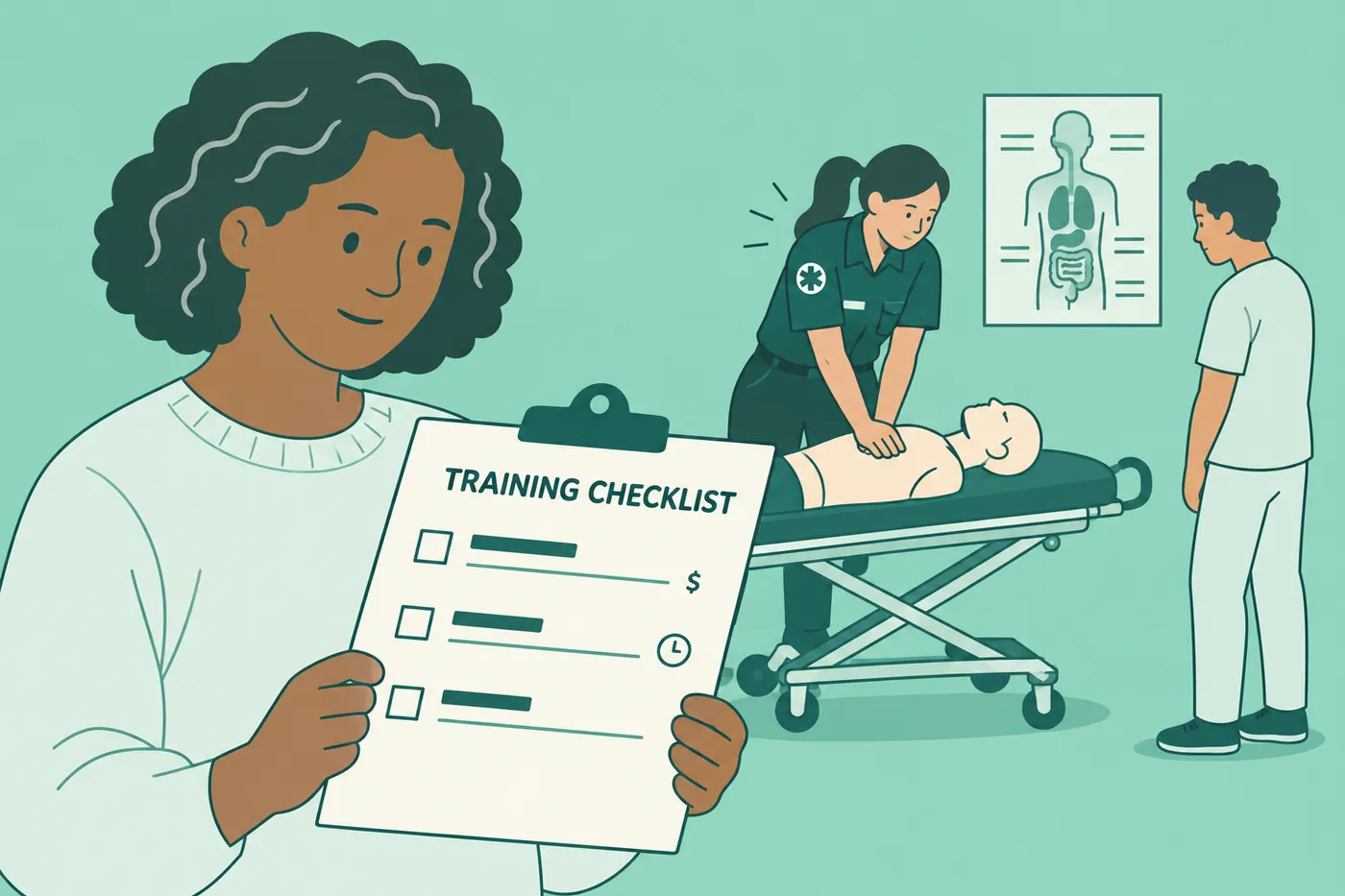 A woman reviews a training checklist in an EMT classroom while students practice in the background.