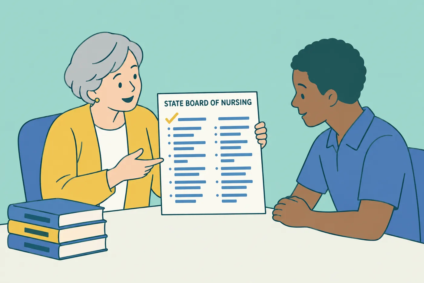 An advisor and a prospective student review an official state board of nursing document together, for an article on confirming LPN licensure sources.