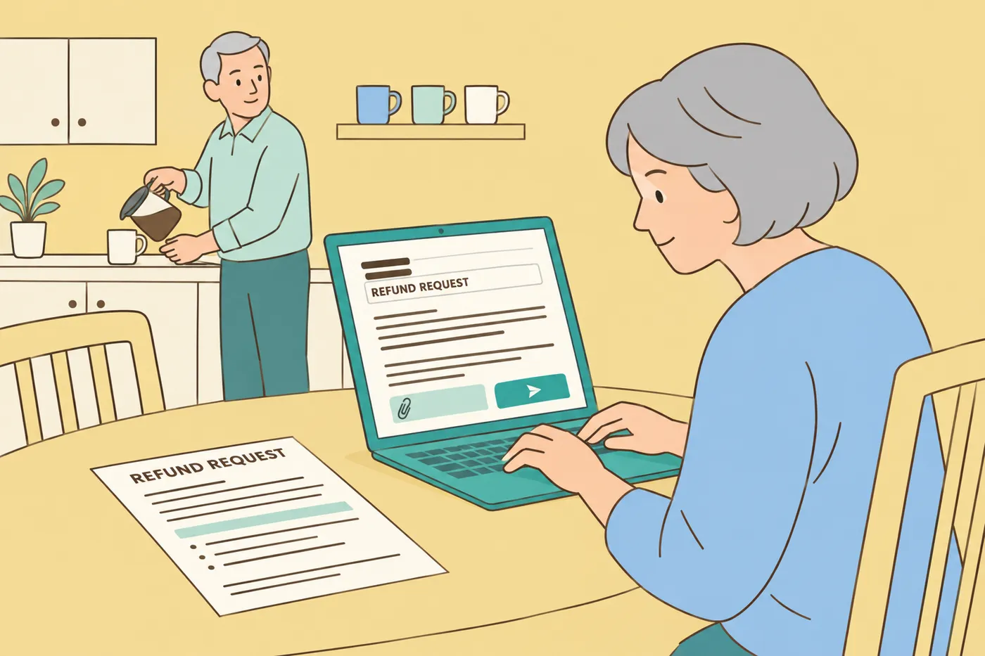 A woman in her sixties drafts a refund request email on her laptop at her kitchen table.