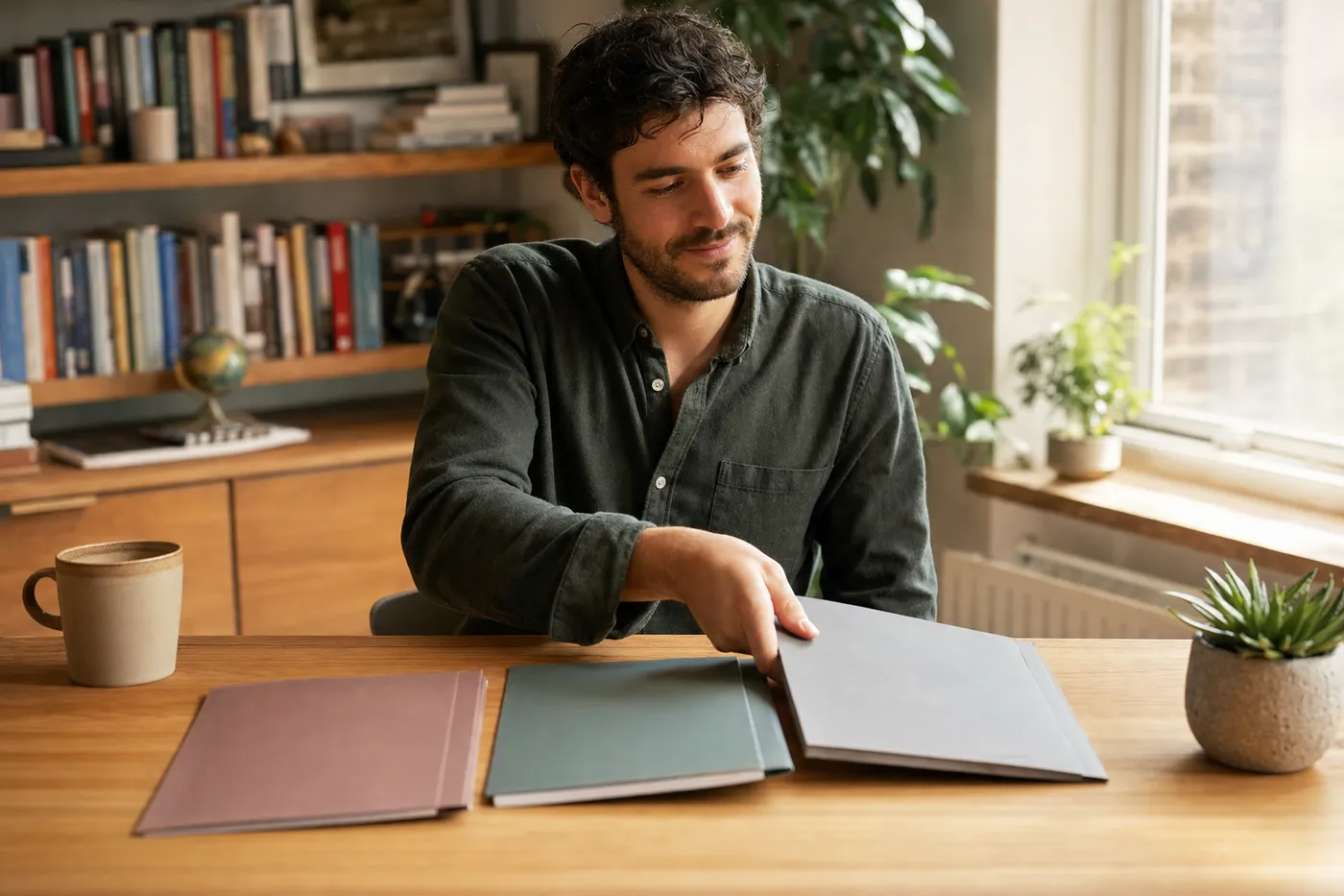 A professional organizing neat folders at a sunlit desk, representing setting up structured resume workspaces.