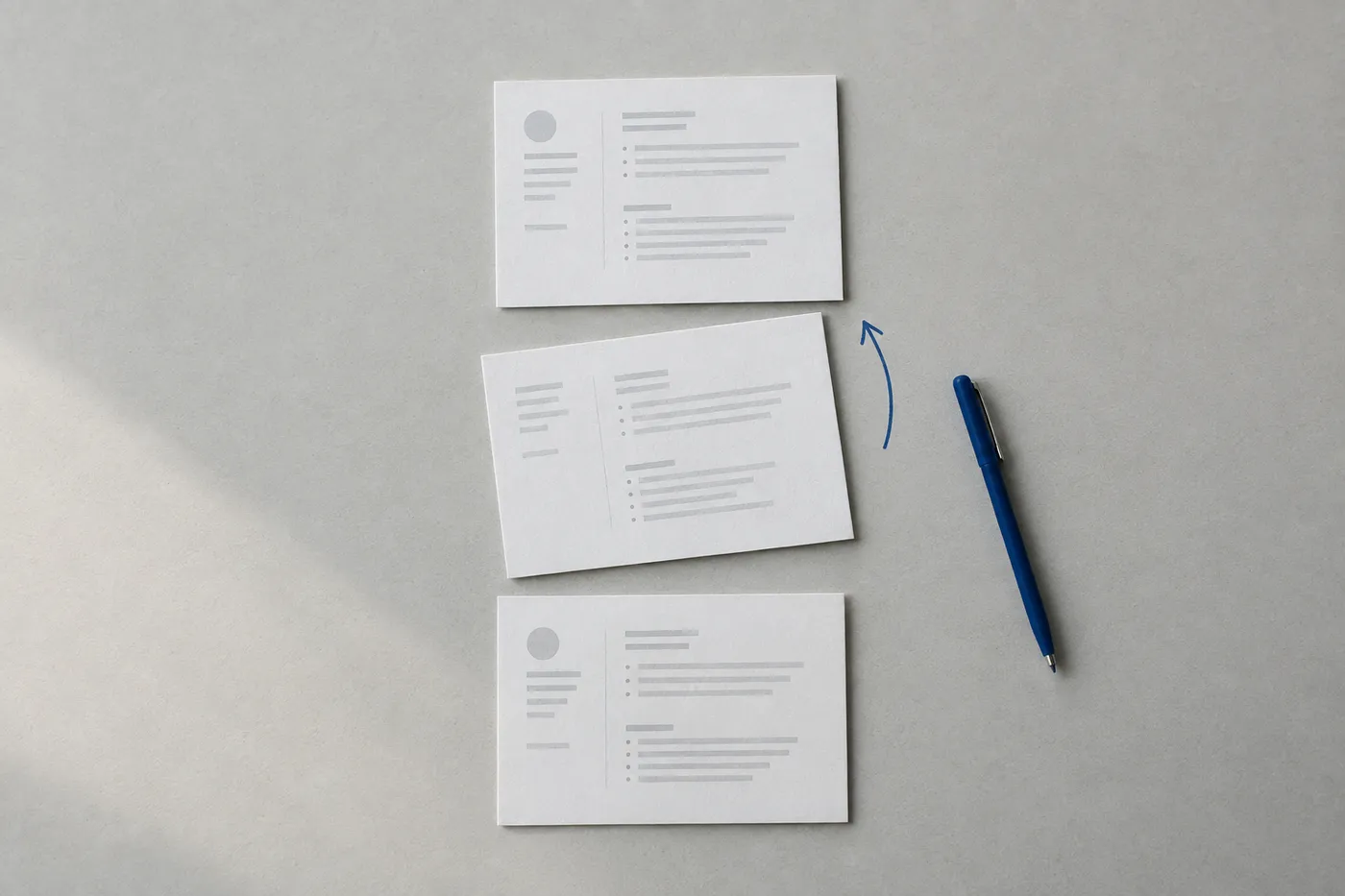 A flat lay of three white paper cards representing resume sections, with one slightly askew and marked with a blue arrow.