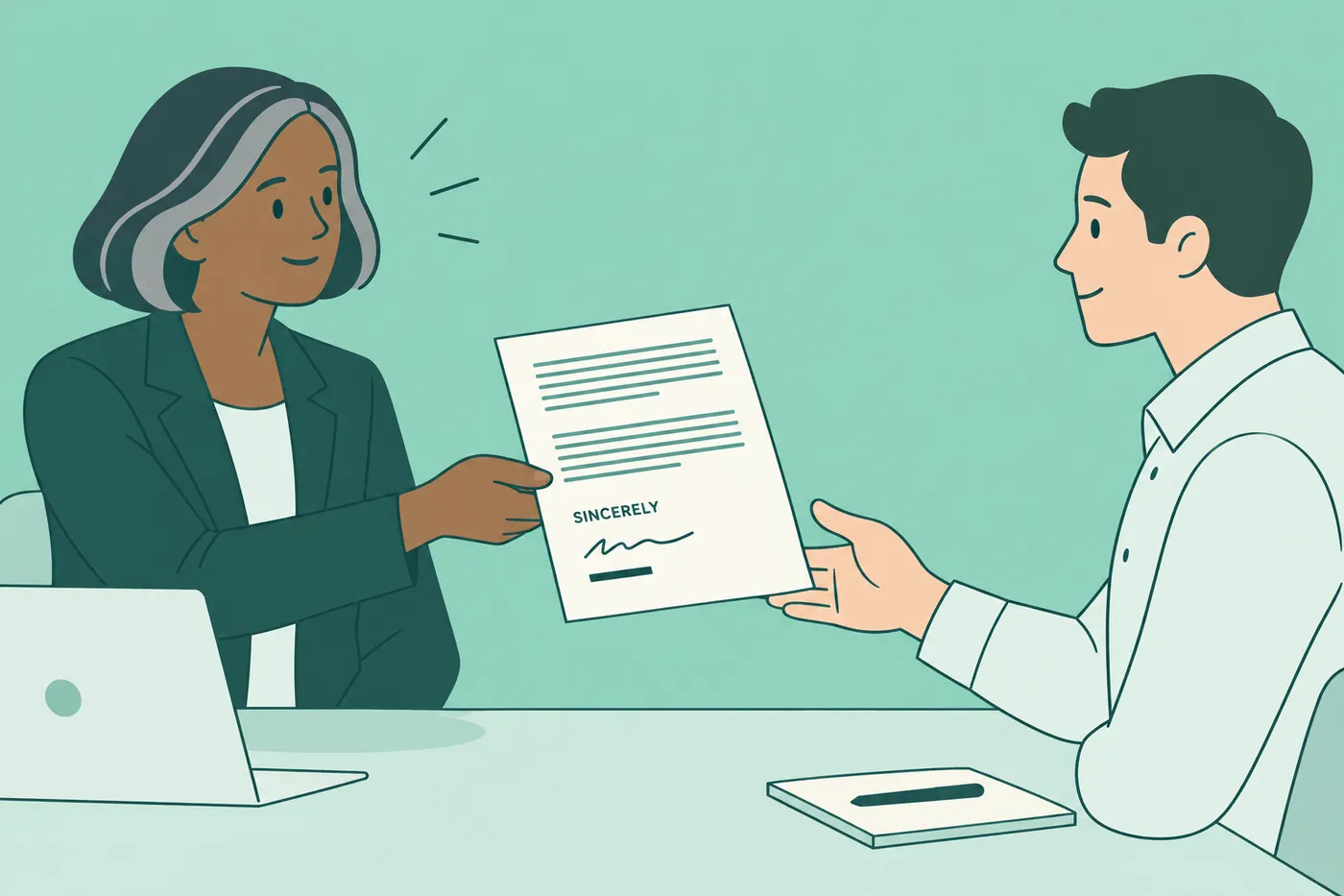 A job candidate hands her cover letter, showing the 'Sincerely' sign-off section, to a hiring manager.