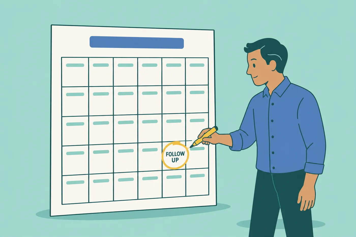 A man marks a follow-up date on a giant calendar after sending his application, for an article on cover letter steps.