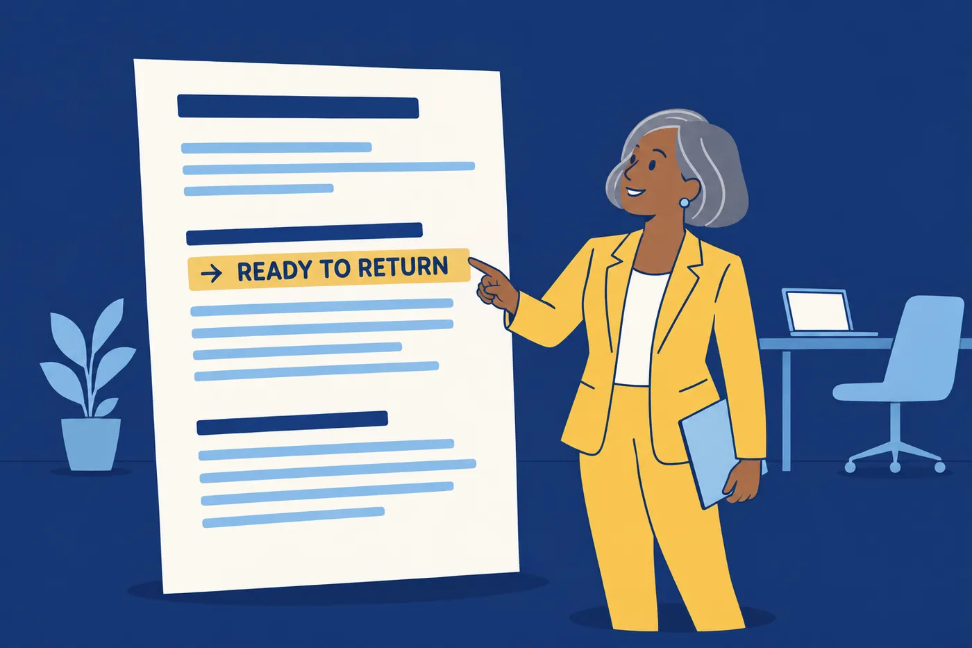 A woman points to a highlighted transition phrase on a giant cover letter, illustrating how to pivot from a career gap.