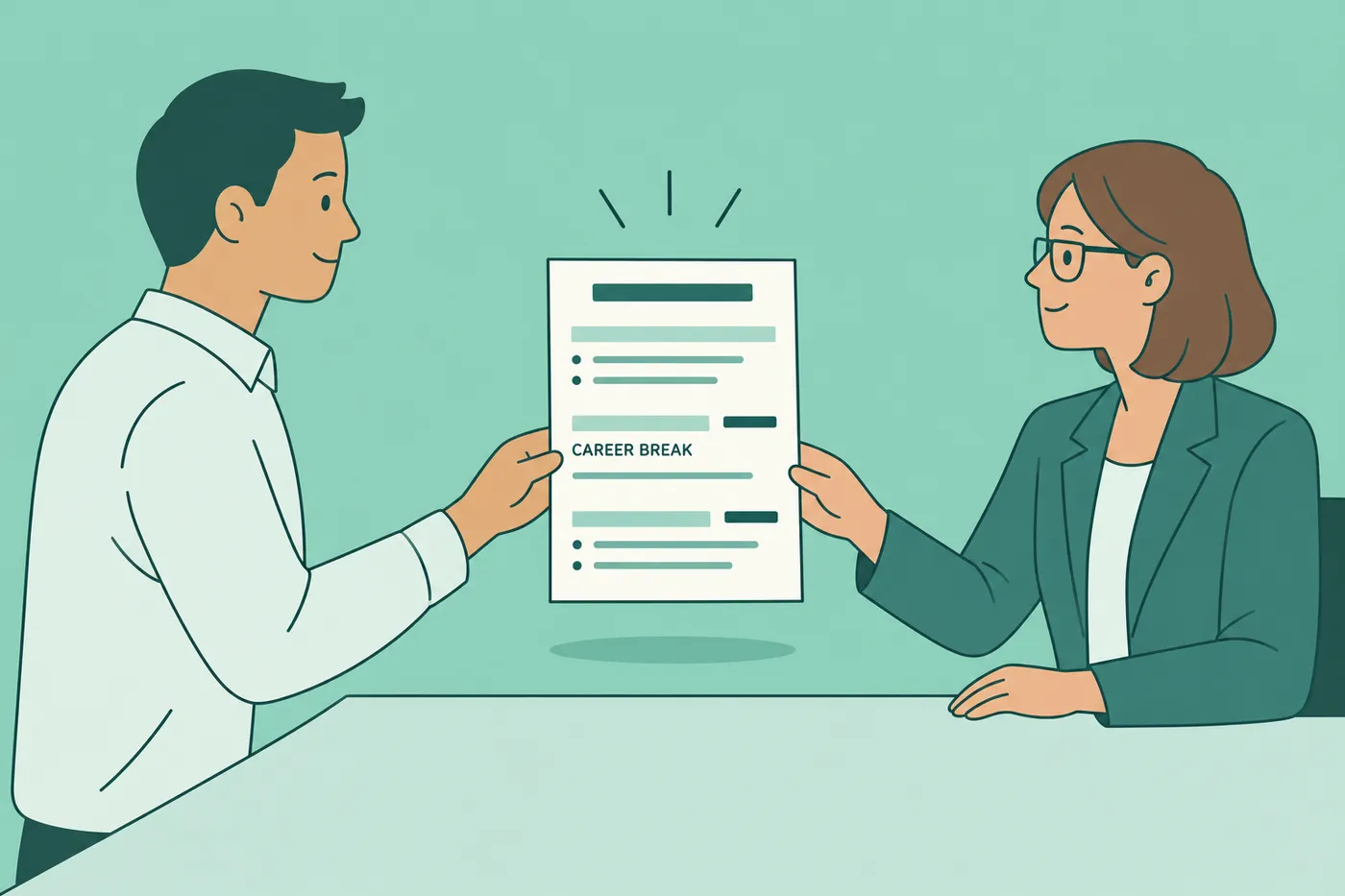 A job seeker hands a resume featuring a labeled 'CAREER BREAK' to a hiring manager during an interview.