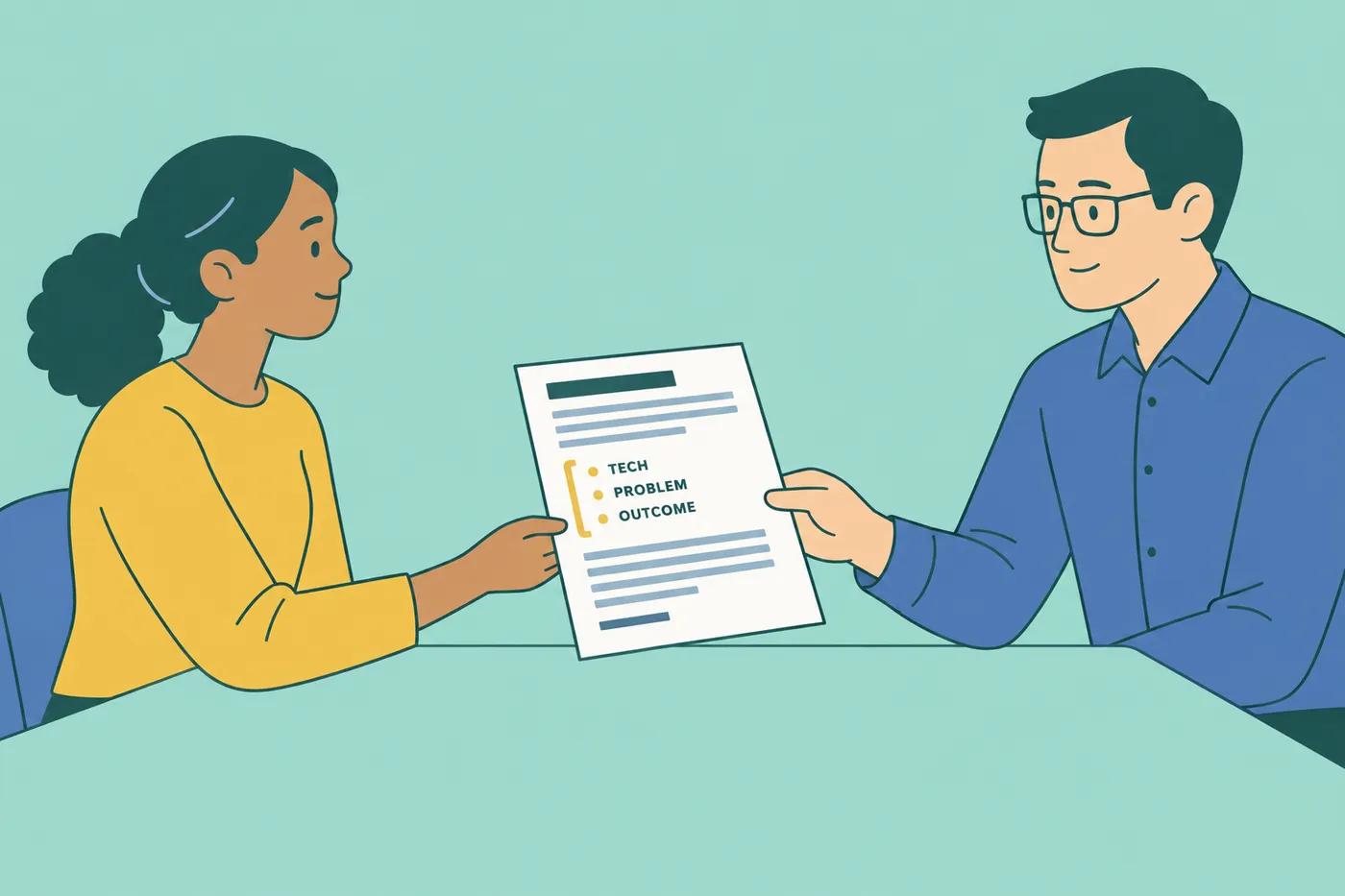A candidate hands her resume to an interviewer, highlighting the tech, problem, and outcome project bullet structure.