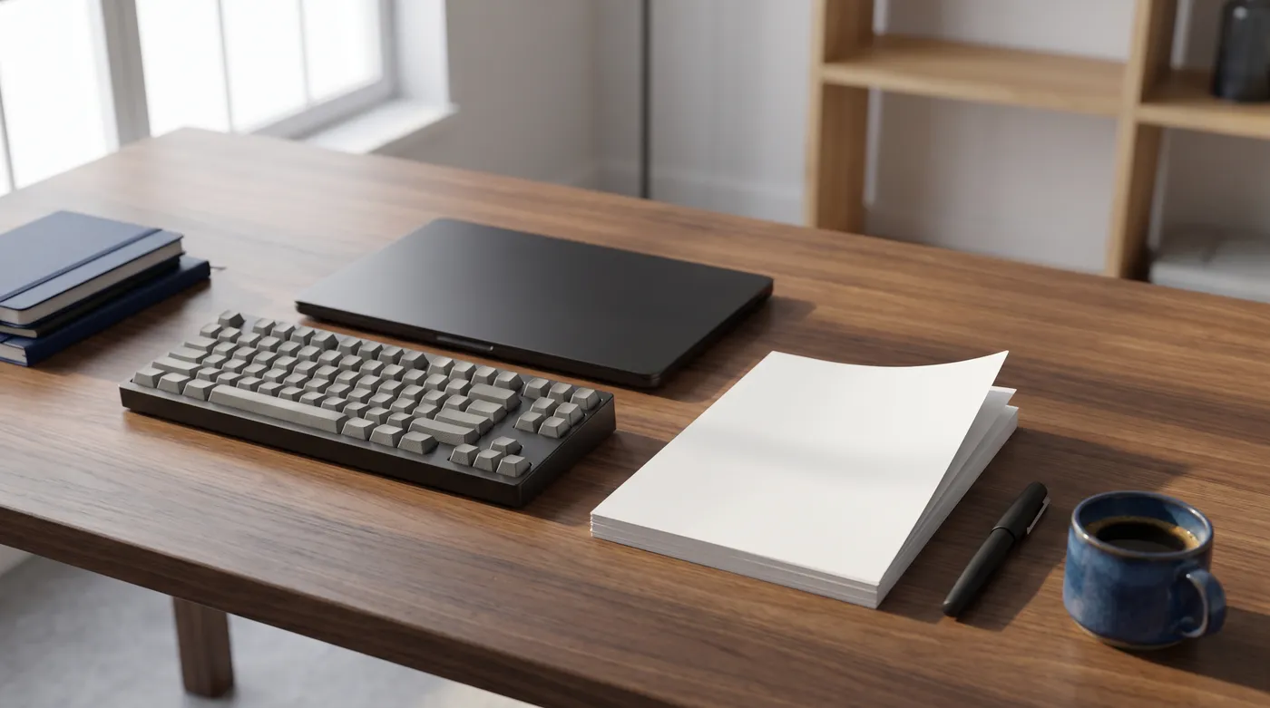 A minimalist walnut desk with a laptop, a mechanical keyboard, and a printed resume, illustrating coding project layout.