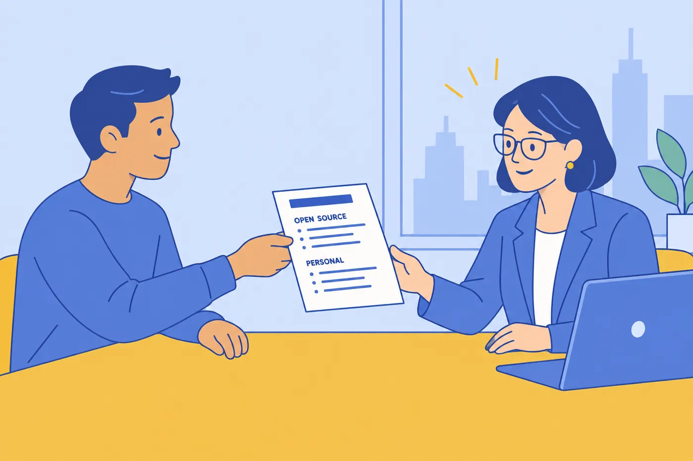 A software engineer hands a resume showing open source and personal projects to a hiring manager.
