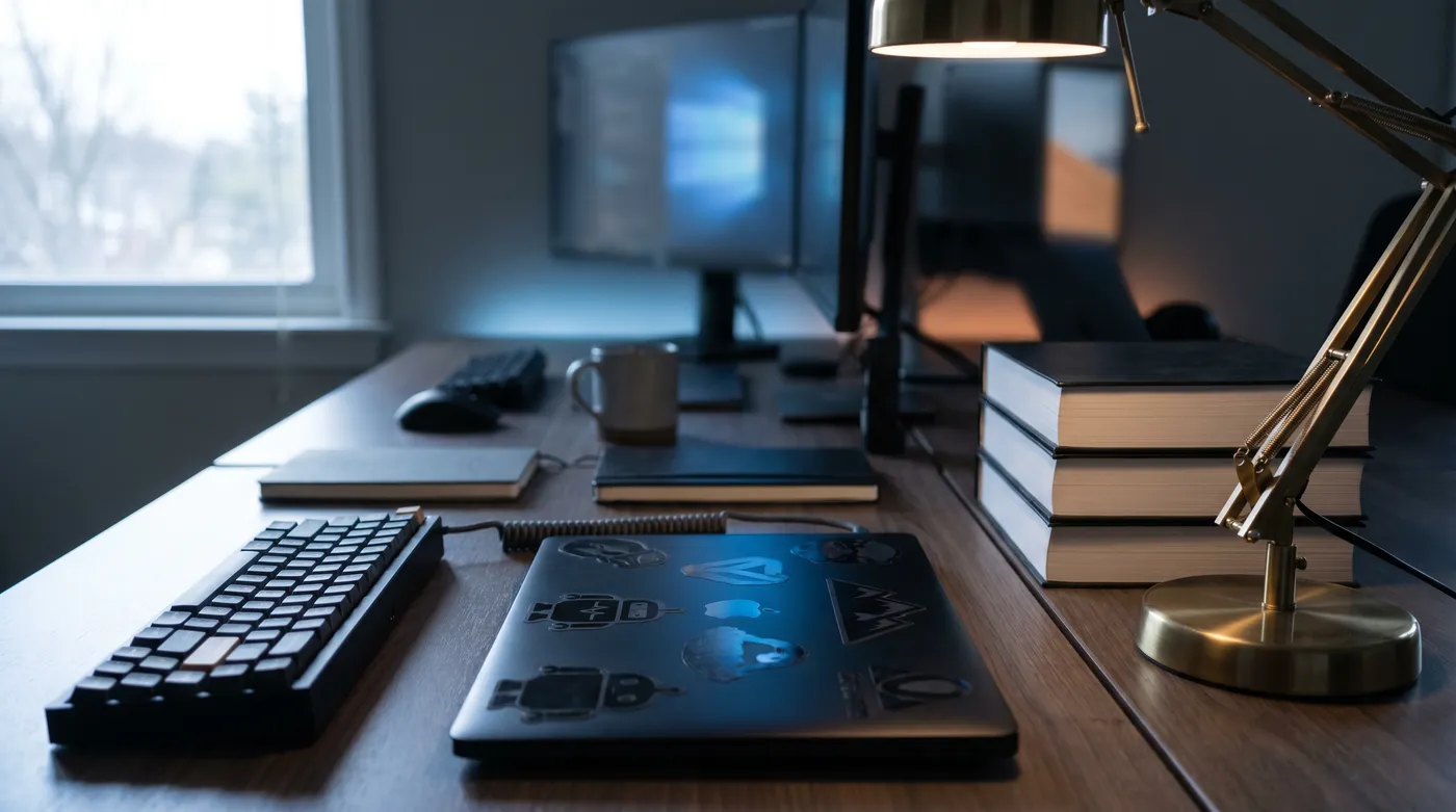 A close-up of a developer's desk showing a mechanical keyboard and a sticker-covered laptop representing coding projects.