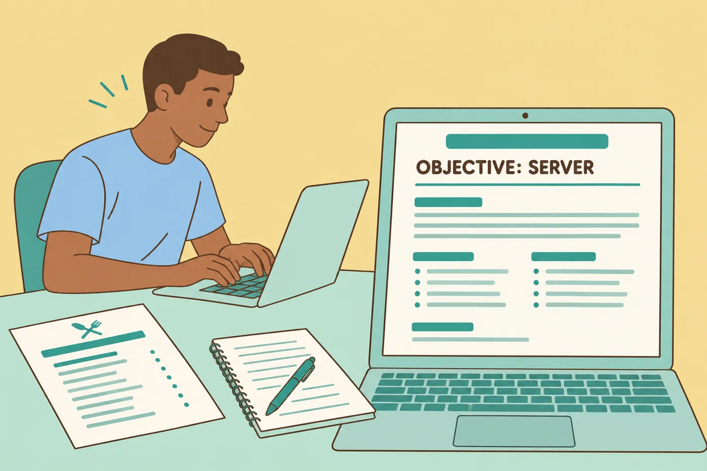 A young man types a beginner resume for a server position on a large laptop screen, for an article on first-job resumes.