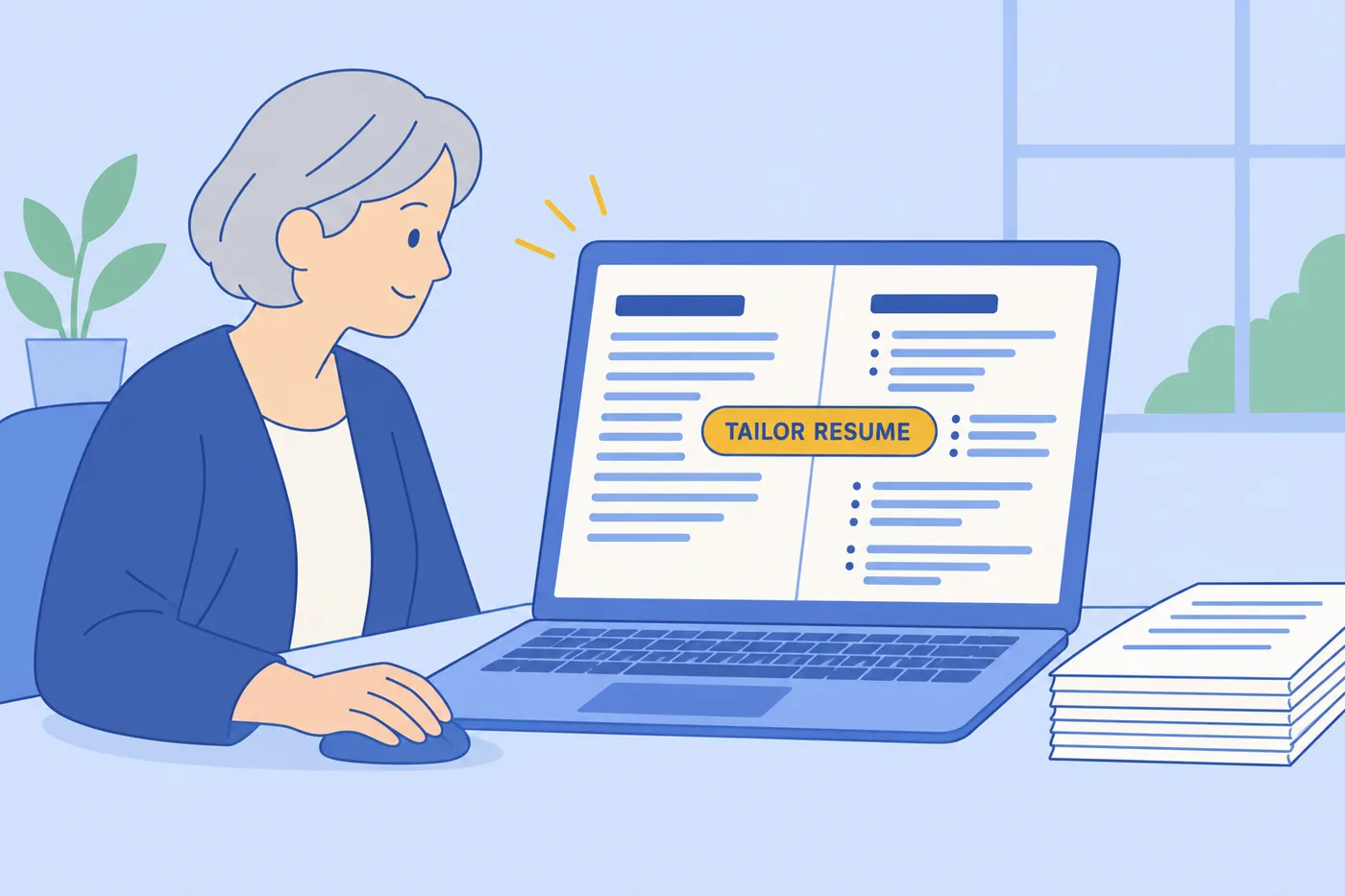 Illustration of a job seeker comparing a resume with a job description while organizing application materials.